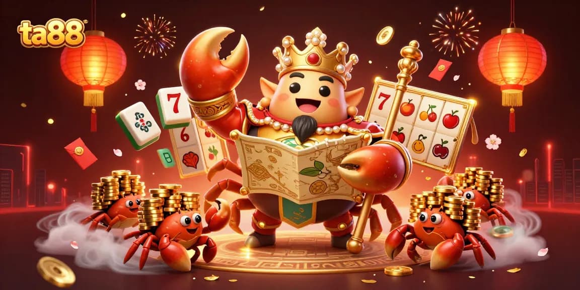 ta88 features an extravagant 3D illustration of a golden crab emperor amid vibrant casino elements.
