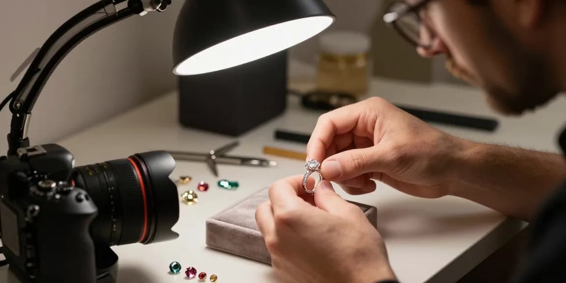 Fotografo di gioielli a Milano che mostra dettagli intricati di un anello di diamante.