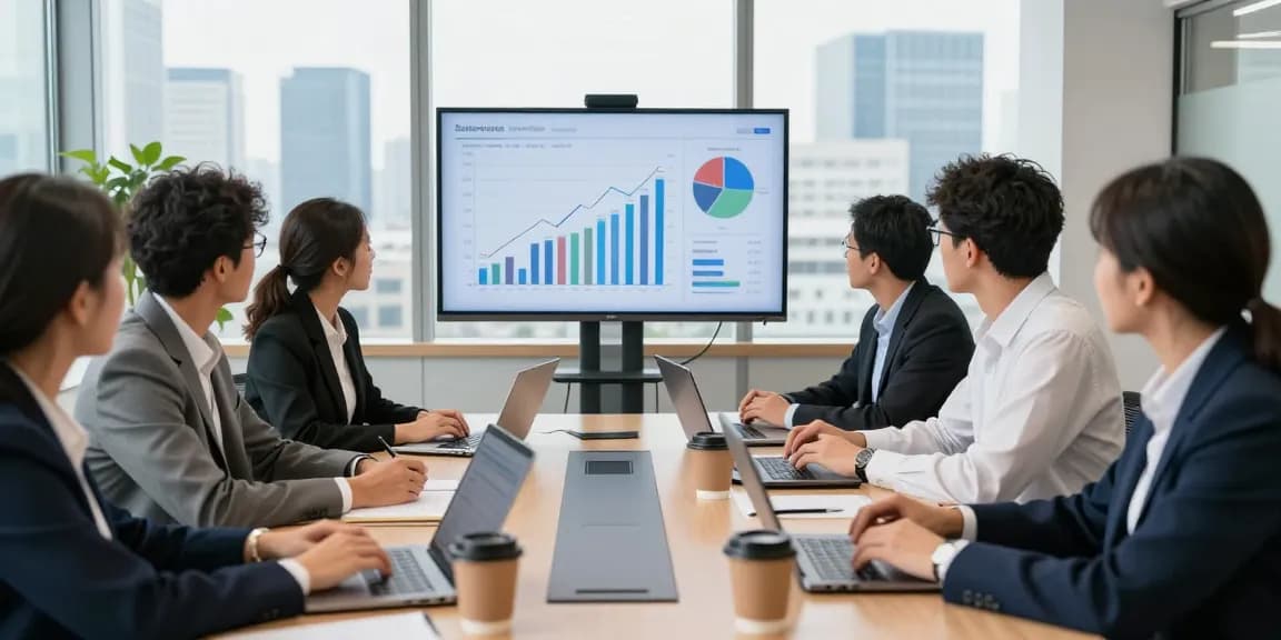 Team collaborating on business energy prices analysis in a modern office.