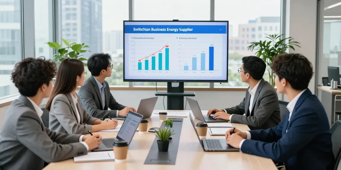 Team discussing how to switch business energy supplier in a modern office, showcasing data comparisons.