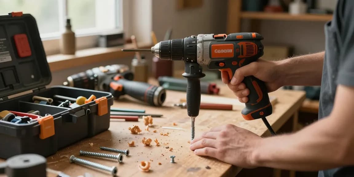 Utilizzo di un cacciavite a percussione su un banco da lavoro, attrezzi e viti in evidenza.