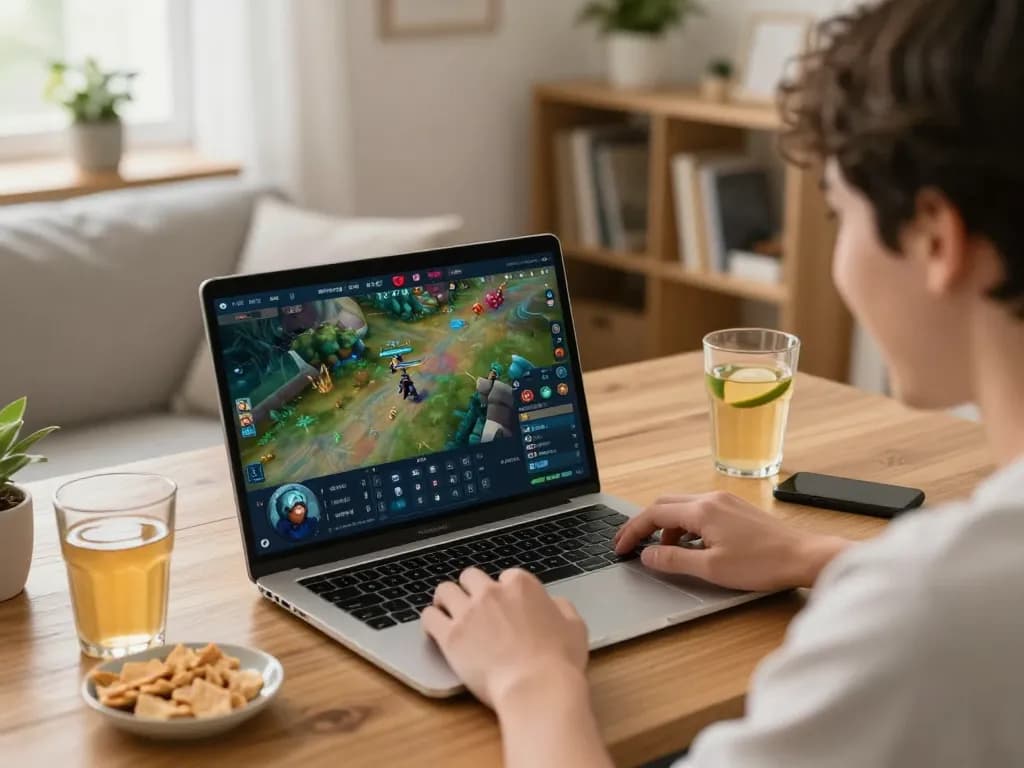 Player enjoying immersive gamebaidoithuong experience on laptop in a cozy home setting
