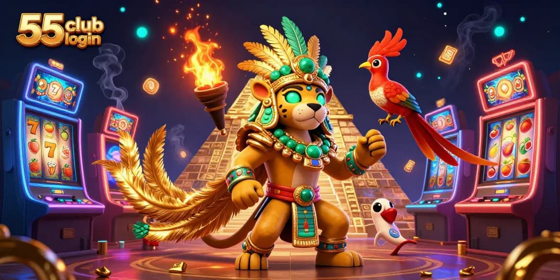 Experience the excitement of 55 club login with a vibrant 3D Mayan casino scene full of games and characters.