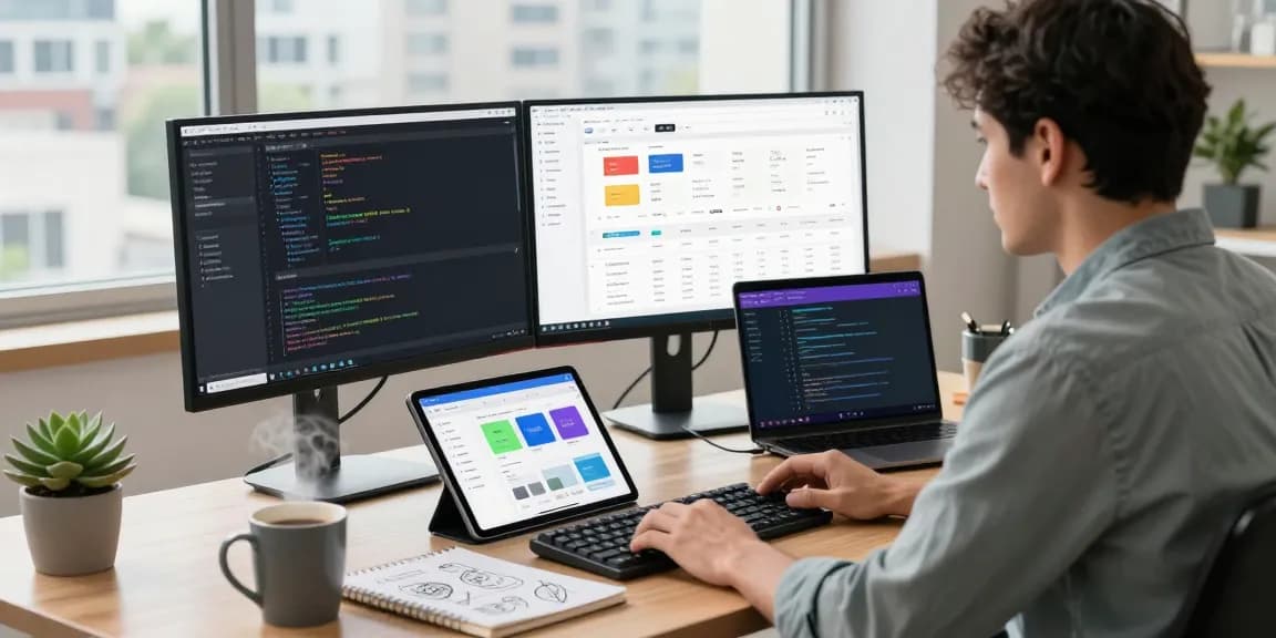 Engaging workspace with a developer coding at their desk, showcasing the WPS Official Website elements.