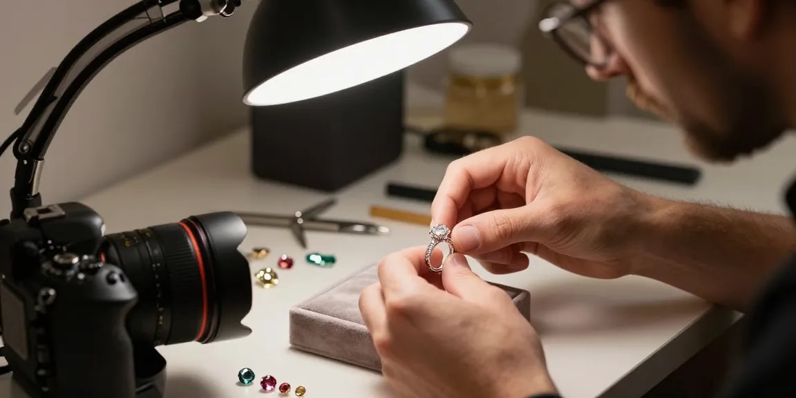 Fotografo di gioielli a Milano che mostra dettagli intricati di un anello di diamante.