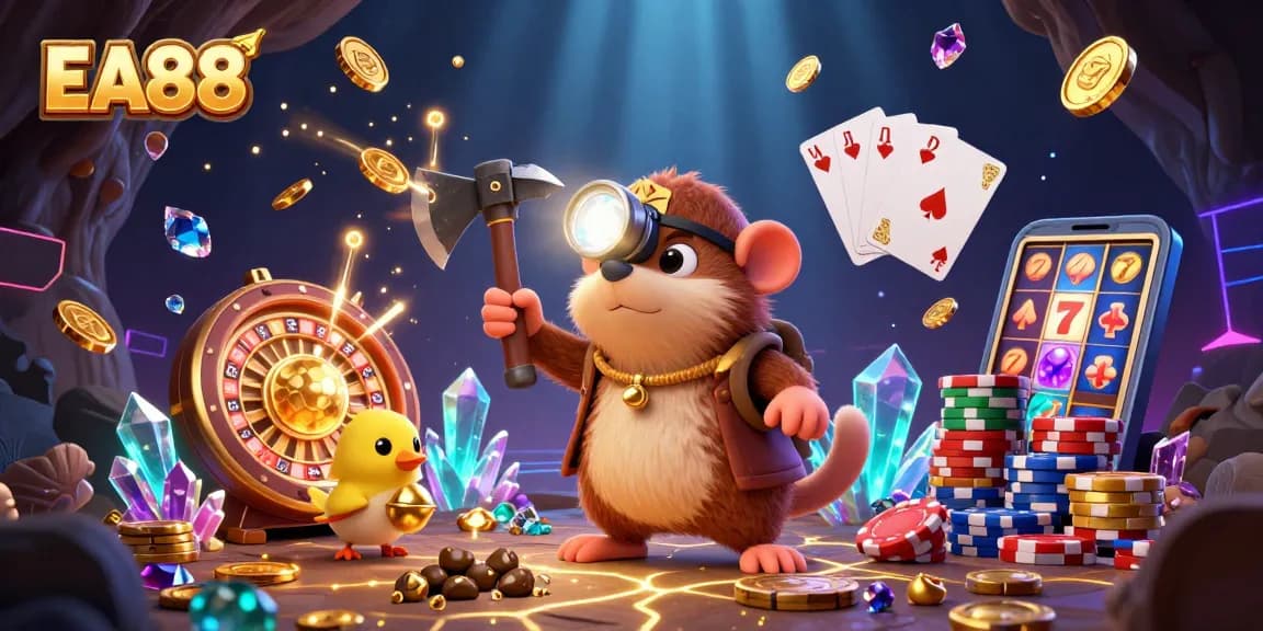Experience the treasure hunt in EA88 with dazzling gems and golden coins in this captivating casino scene.