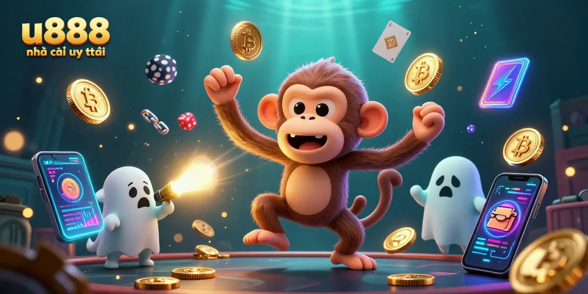 Experience excitement at u888 nhà cái uy tín with a playful scene of a mystical monkey juggling in a haunted casino.
