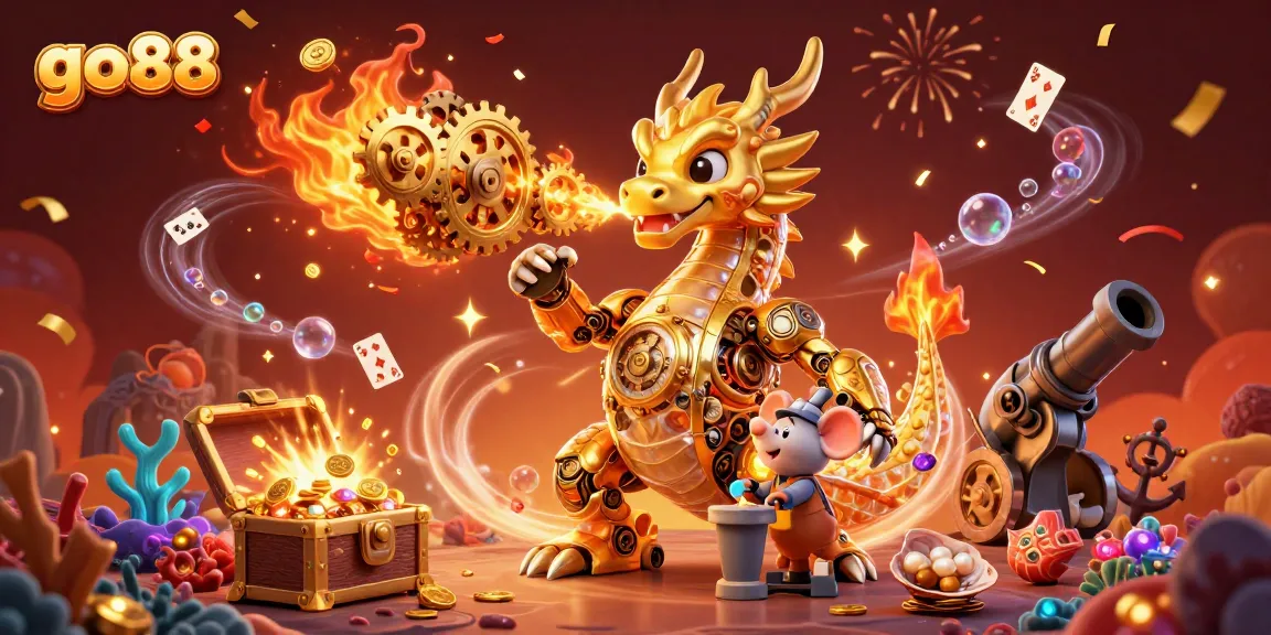 Play exciting games at go88 with our vibrant 3D dragon illustration showcasing coins and treasures.
