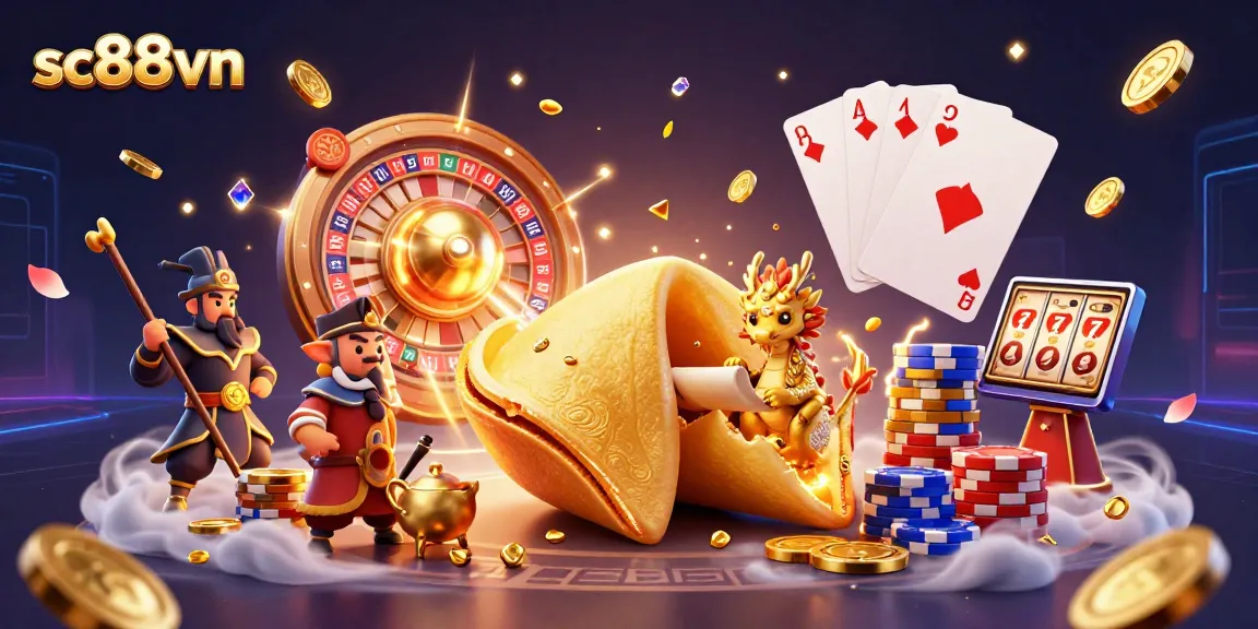 Experience the thrill of gaming at SC88VN with a vibrant 3D illustration showcasing fortune, luck, and excitement.