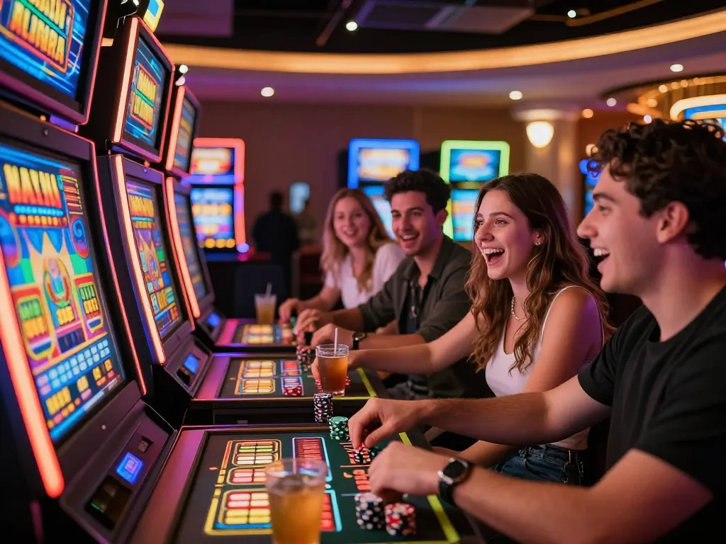 Players experiencing the thrill of raja slot machines surrounded by vibrant casino lights