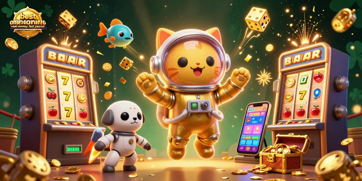 Engage with the best online casino real money fast payout illustrated scene featuring colorful characters, slot machines, and dynamic game elements.
