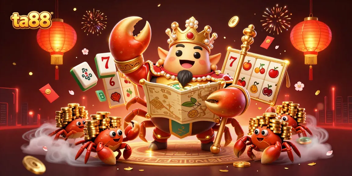 ta88 features an extravagant 3D illustration of a golden crab emperor amid vibrant casino elements.