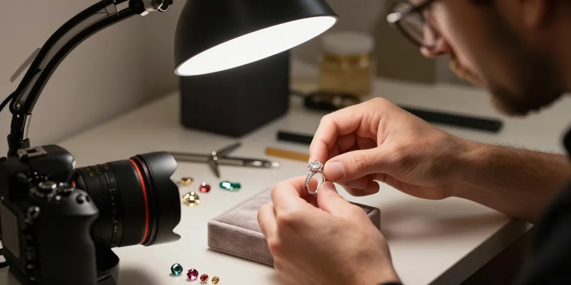 Fotografo di gioielli a Milano che mostra dettagli intricati di un anello di diamante.