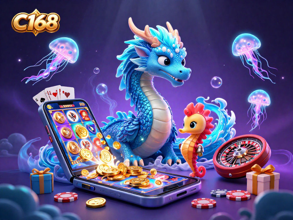 C168 captures the excitement of winning with a vibrant casino scene featuring a water dragon and magical effects.