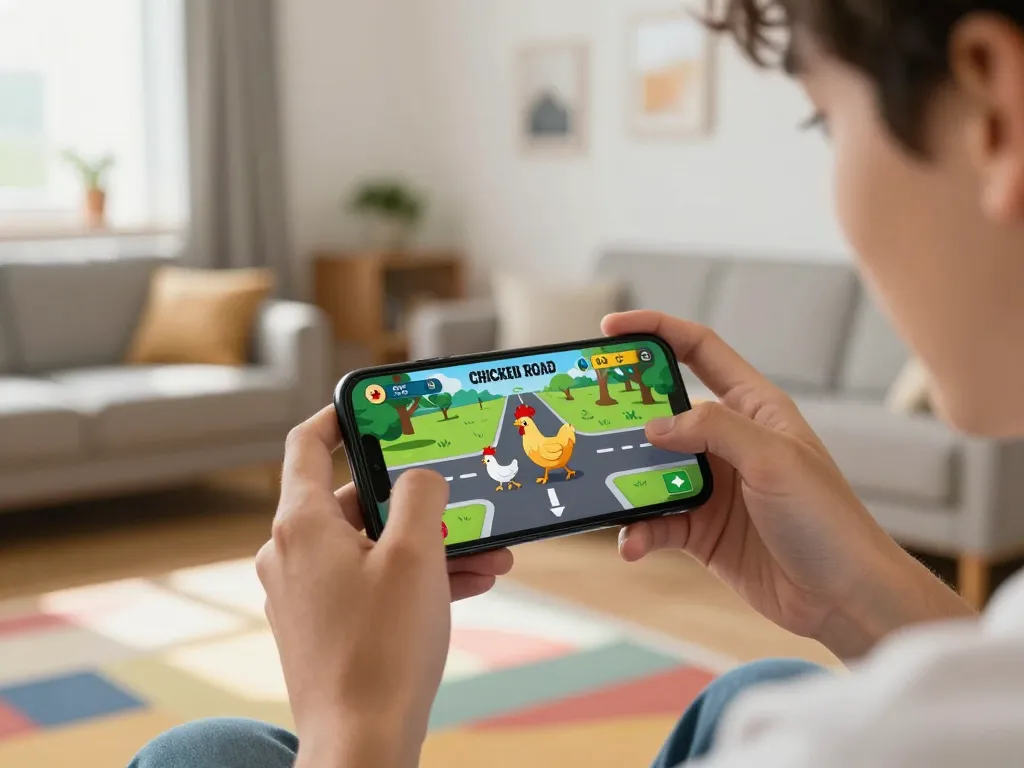 Giocatore che interagisce con l'app Chicken Road recensioni su smartphone, mostrando l'emozione del casinò mobile.