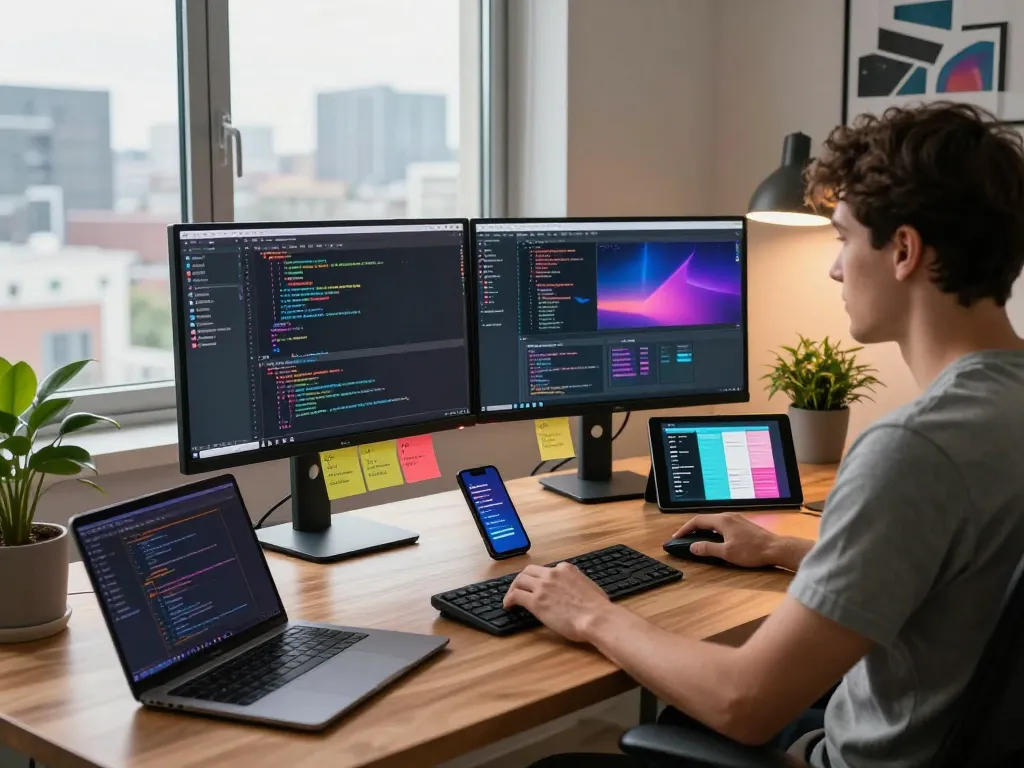 Clawdbot AI setup in a modern office with developer coding on dual monitors