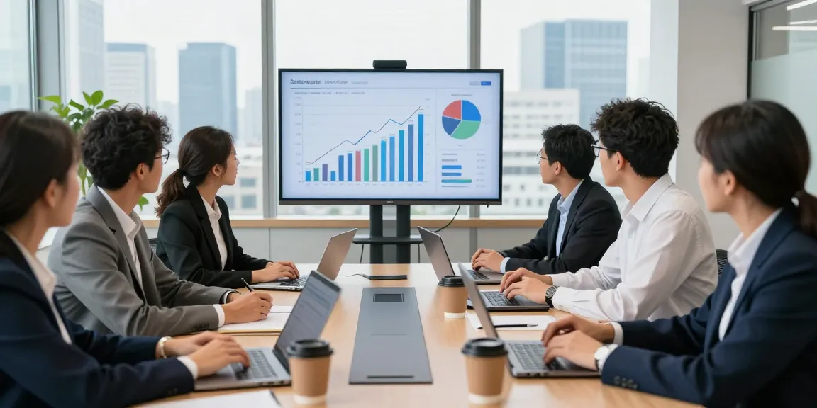 Team collaborating on business energy prices analysis in a modern office.