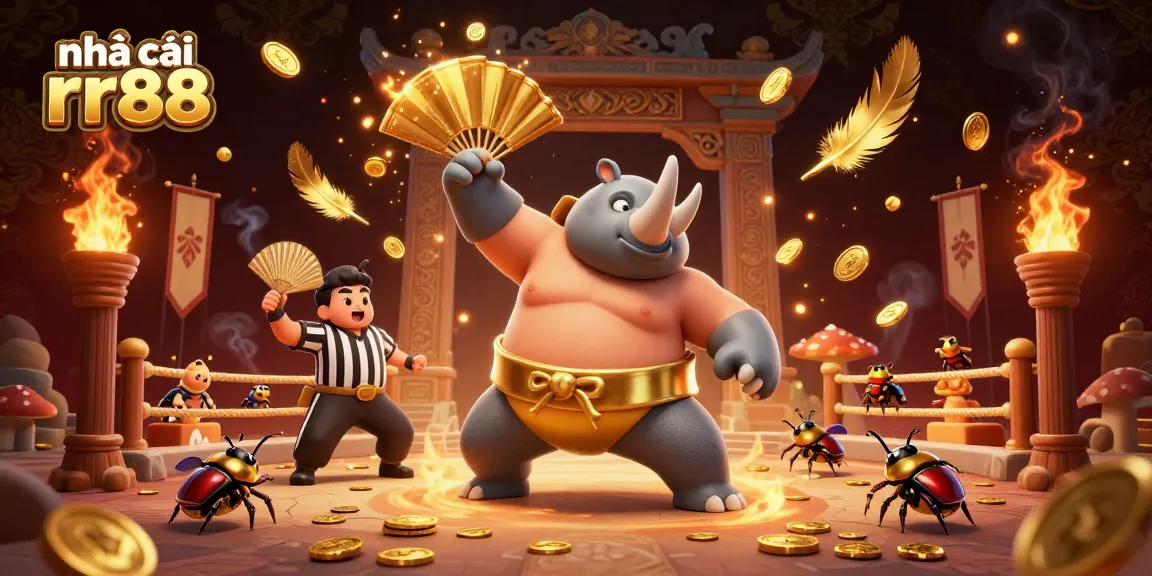 Experience thrilling action at nhà cái rr88 as a sumo champion beetle stomps coins in a lively casino scene.
