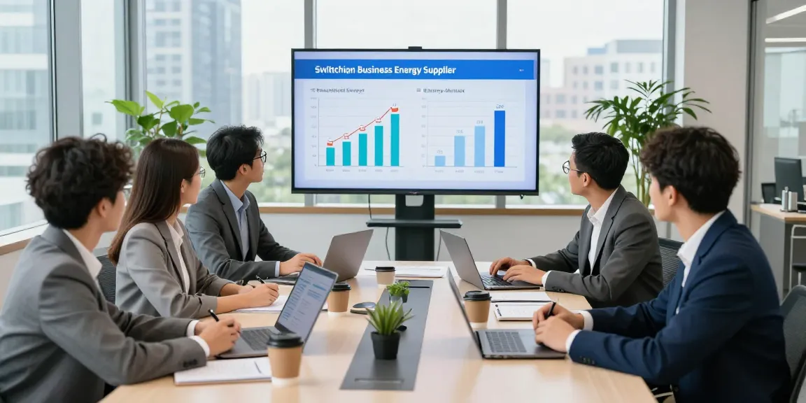 Team discussing how to switch business energy supplier in a modern office, showcasing data comparisons.