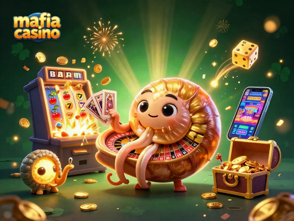 Experience the excitement of mafia casino games with a vibrant jackpot illustration featuring a giant nautilus and colorful casino elements.