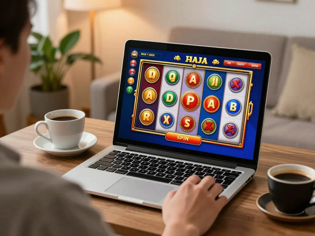 Pemain yang terlibat dalam permainan raja slot di laptop, menunjukkan visual yang cerah dan menarik dalam suasana rumah yang nyaman.