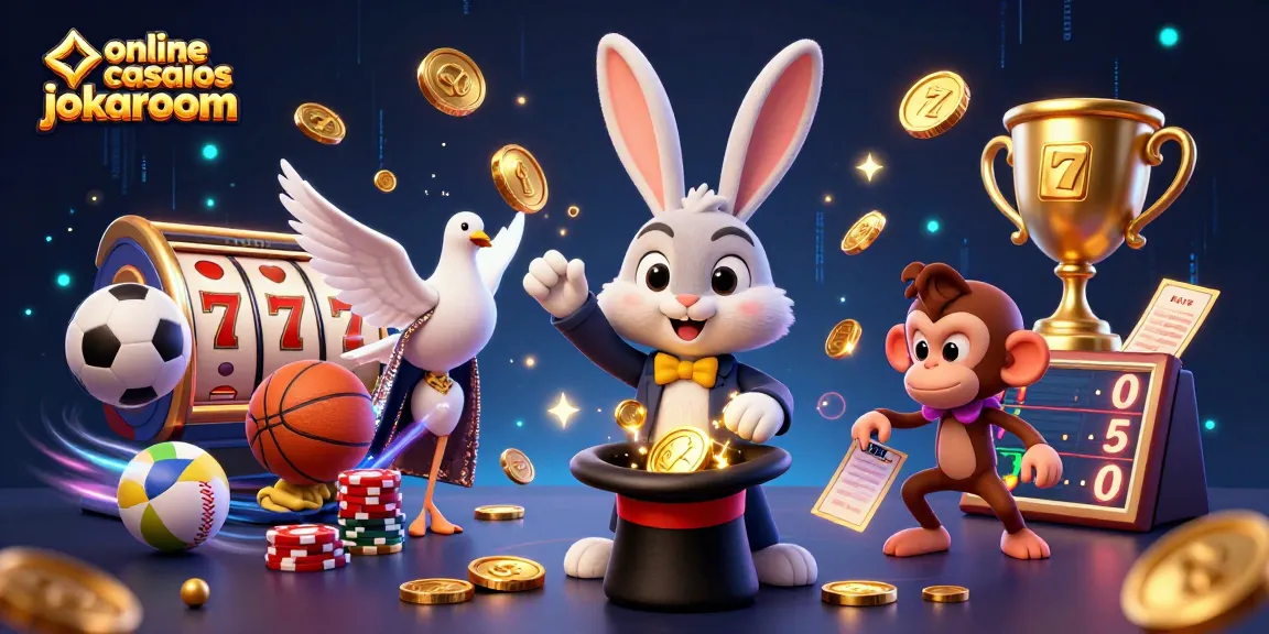 Engaging online casinos australia jokaroom illustration featuring a magician rabbit, dove, and monkey in a vibrant casino scene.