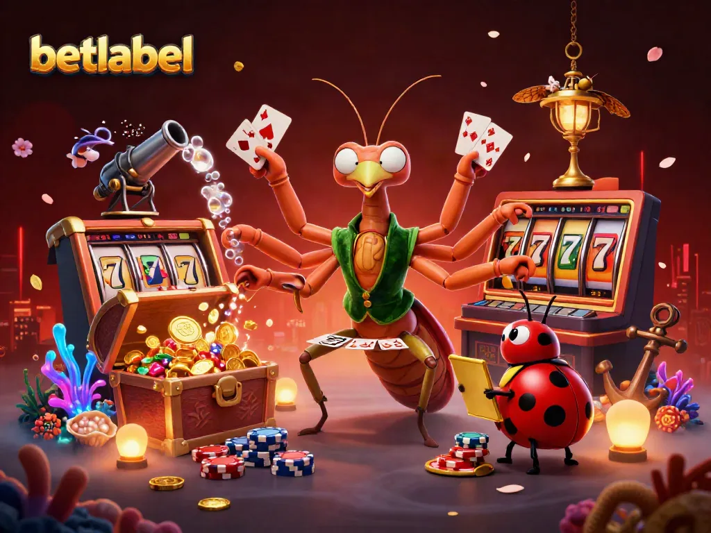 Experience betlabel as a giant mantis card sharp and ladybug pit boss engage in exciting casino action, showcasing vibrant gaming elements.