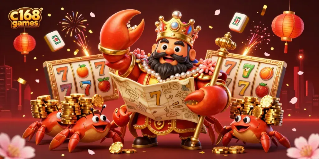 Experience immersive gameplay in vibrant c168 games featuring an opulent crab emperor amidst rich casino elements.