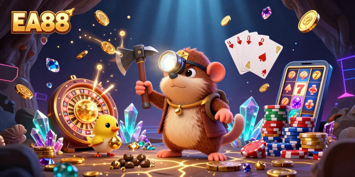 Experience the treasure hunt in EA88 with dazzling gems and golden coins in this captivating casino scene.