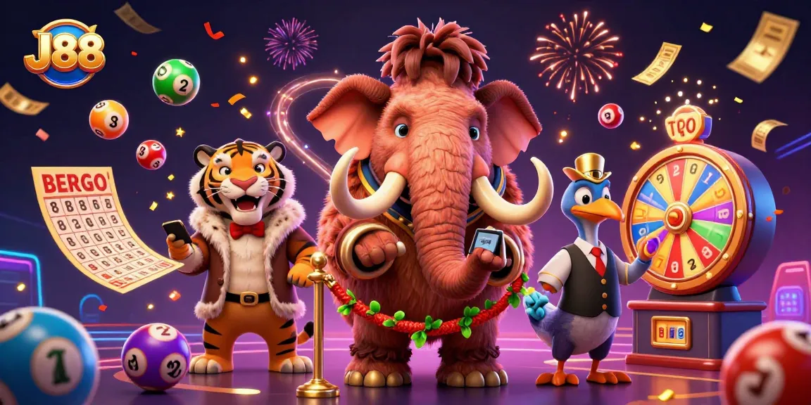 Engage with J88's thrilling atmosphere as a woolly mammoth bouncer checks IDs amidst vibrant lottery elements.