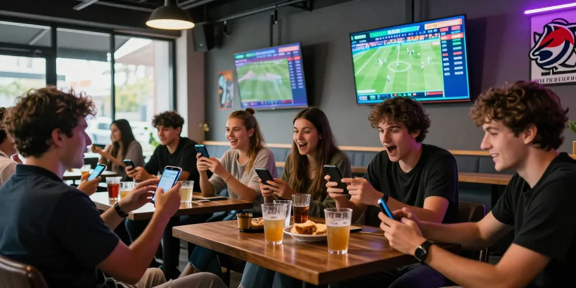Friends enjoying live sports betting on BetLabel in a vibrant sports lounge.