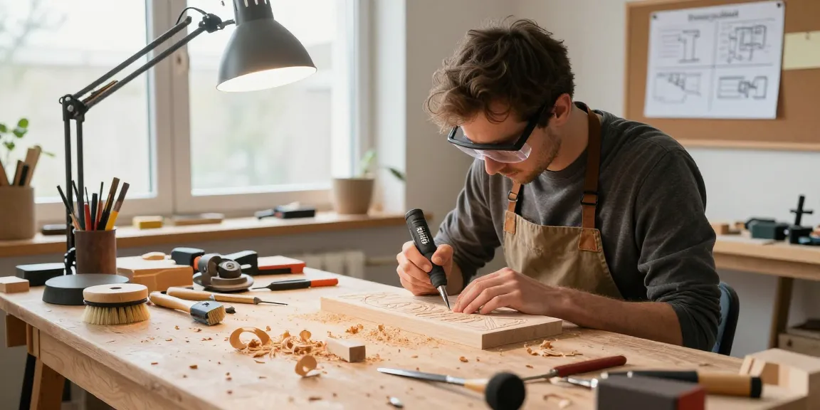 Dremel 8260 in uso da un artigiano su un progetto di intaglio del legno, ambientazione laboratorio creativo
