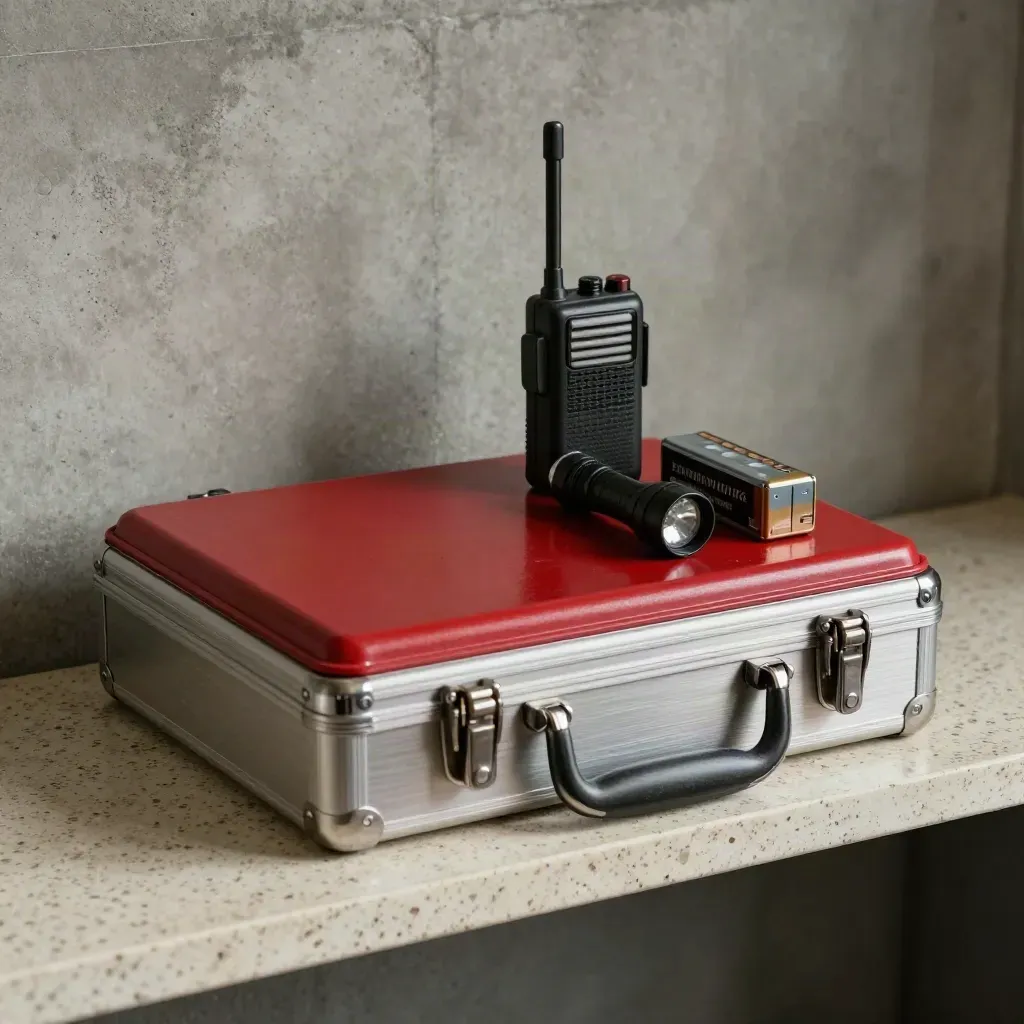 Kit di risposta crisi in valigetta d'acciaio con binder, radio e torcia su mensola in travertino.
