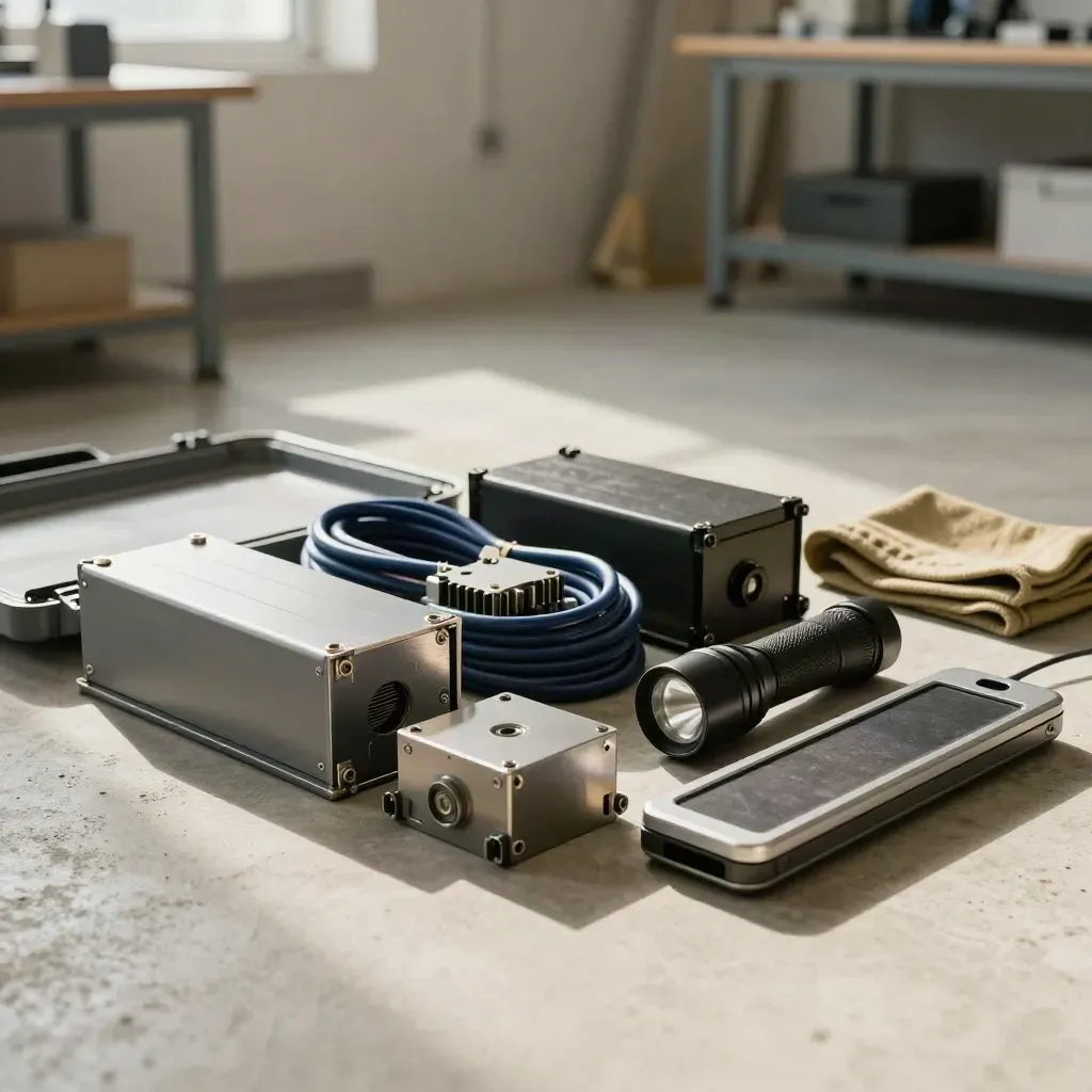 Kit di continuità con batterie di backup, cavi e torcia in una cassa aperta su cemento.