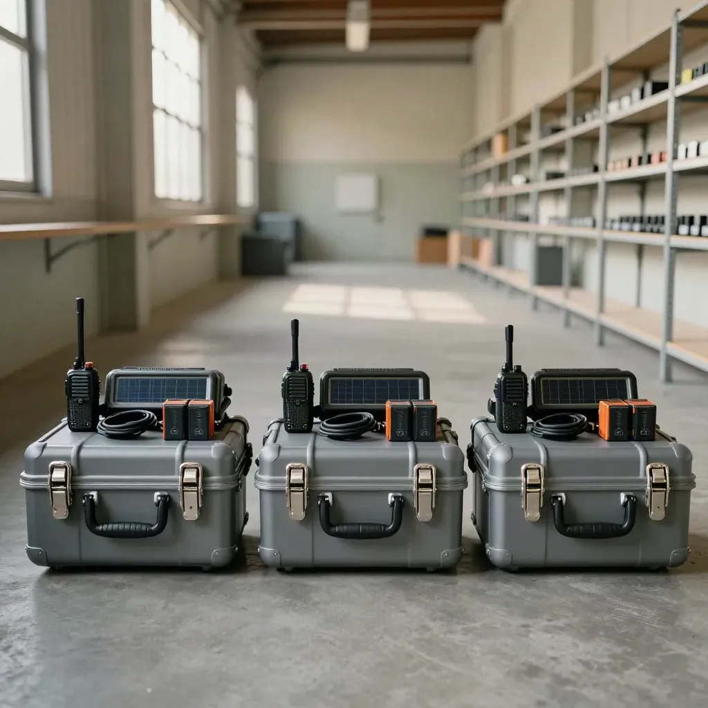 Tre kit operativi allineati in una sala dispatch, pronti per il deployment ONG.