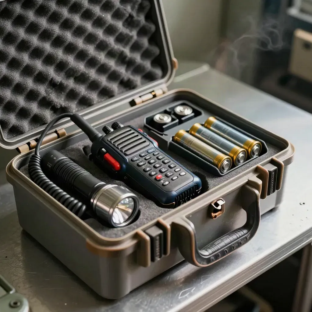 Kit radio d’emergenza con torcia e pile in una valigetta aperta, luce drammatica fredda.