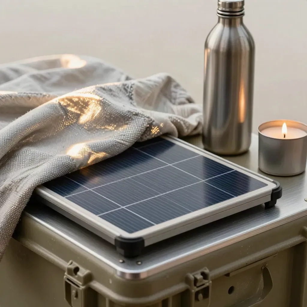 Kit di emergenza con pannello solare, coperta termica, borraccia e candela su cassa metallica