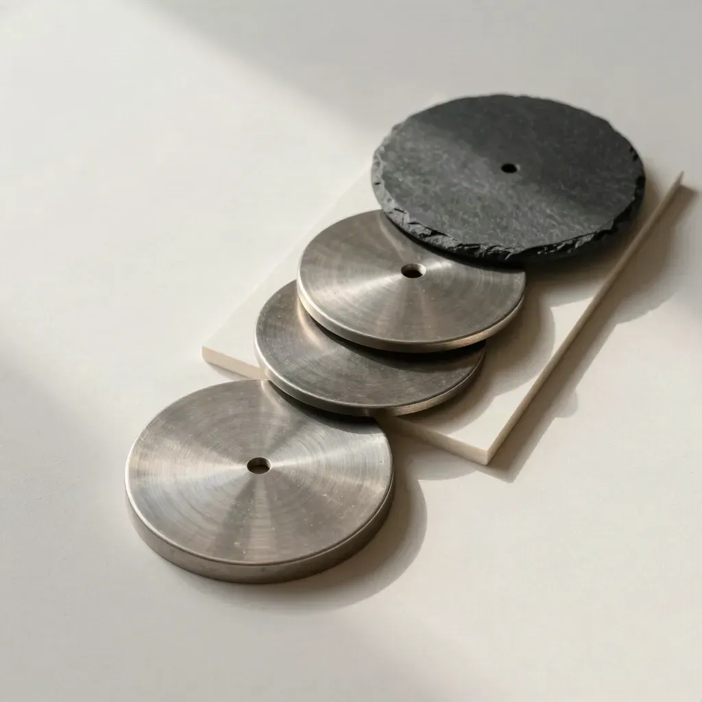 Tre dischi metallici su una piastra d’acciaio spazzolato su fondo chiaro, immagine minimal e rigorosa.