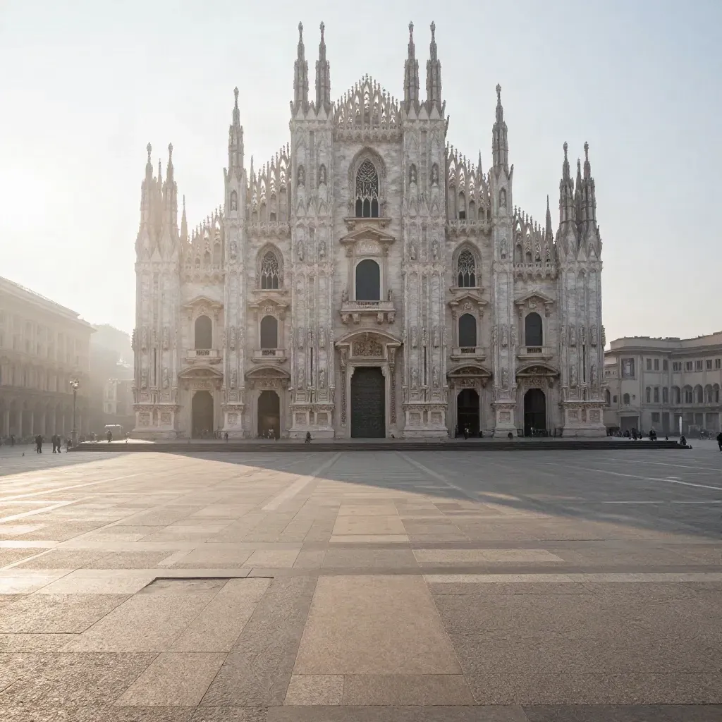 Il Duomo di Milano emerge nella nebbia su una piazza di pietra vuota all’alba.