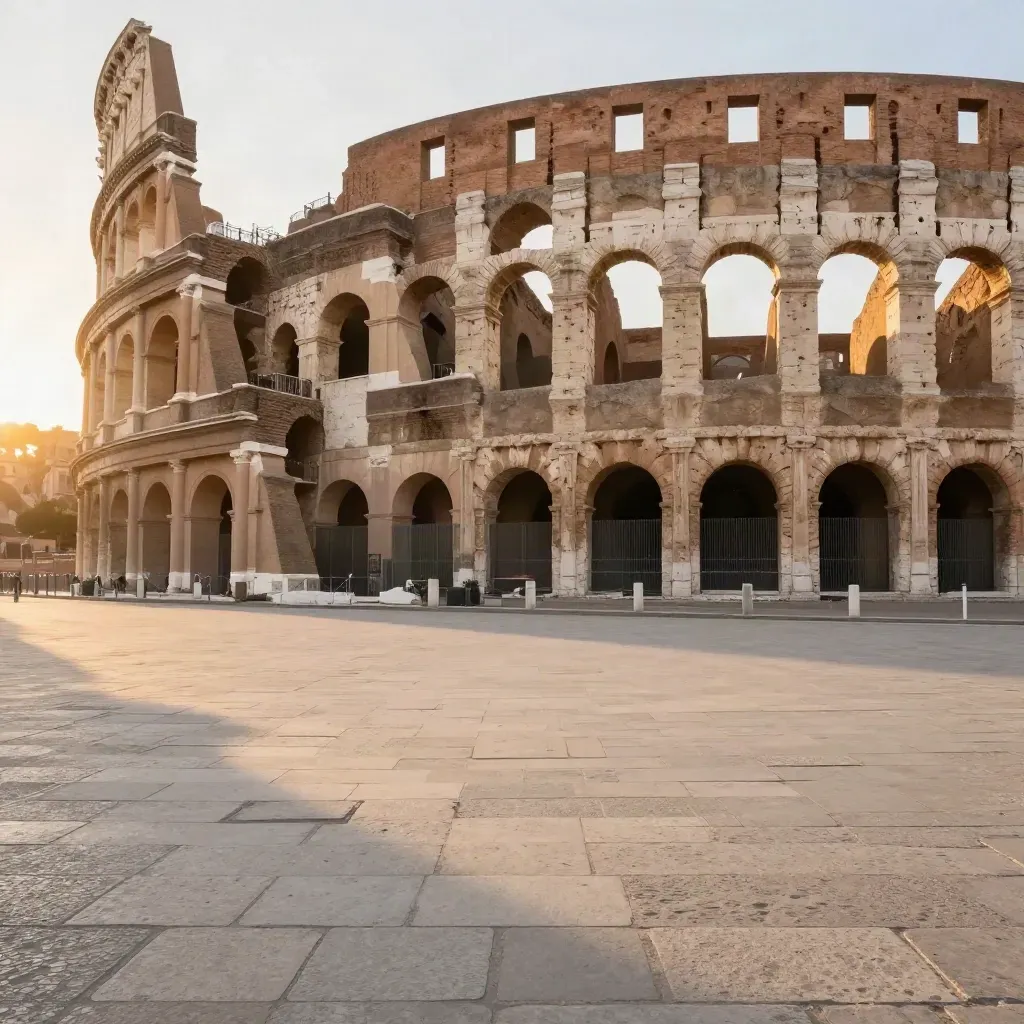 Colosseo e ruderi in mattoni al tramonto sopra una distesa di travertino