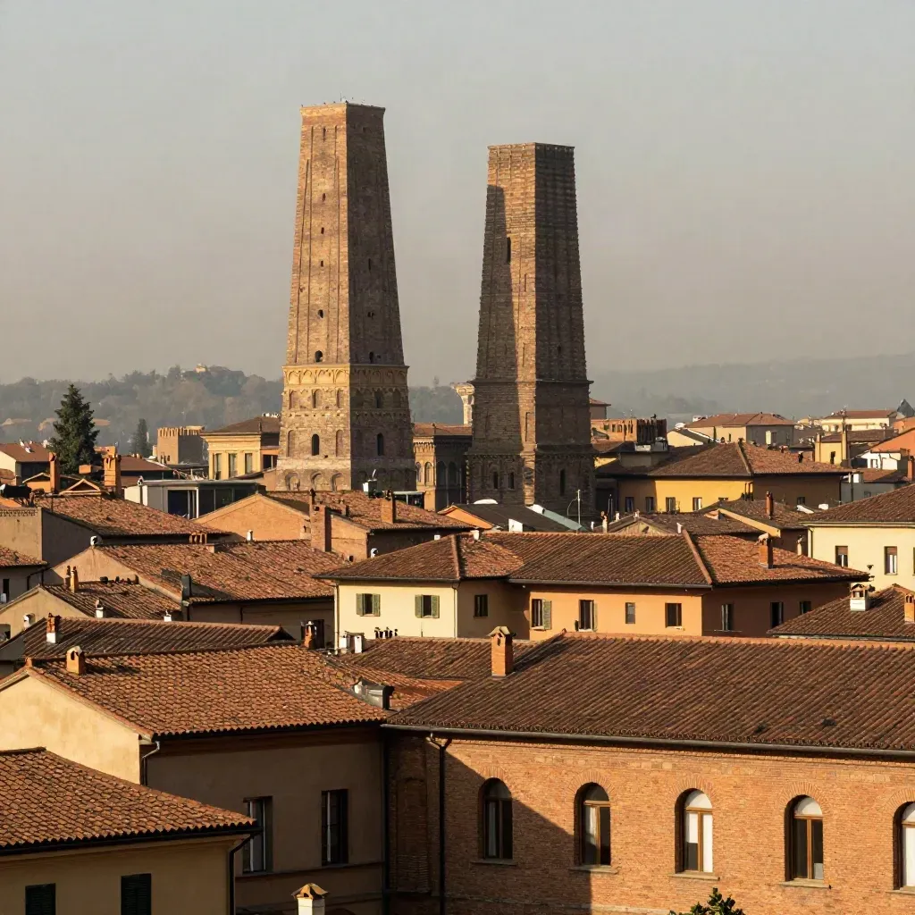 Le Due Torri di Bologna sopra tetti in cotto e ombre dei portici nella foschia del mattino.