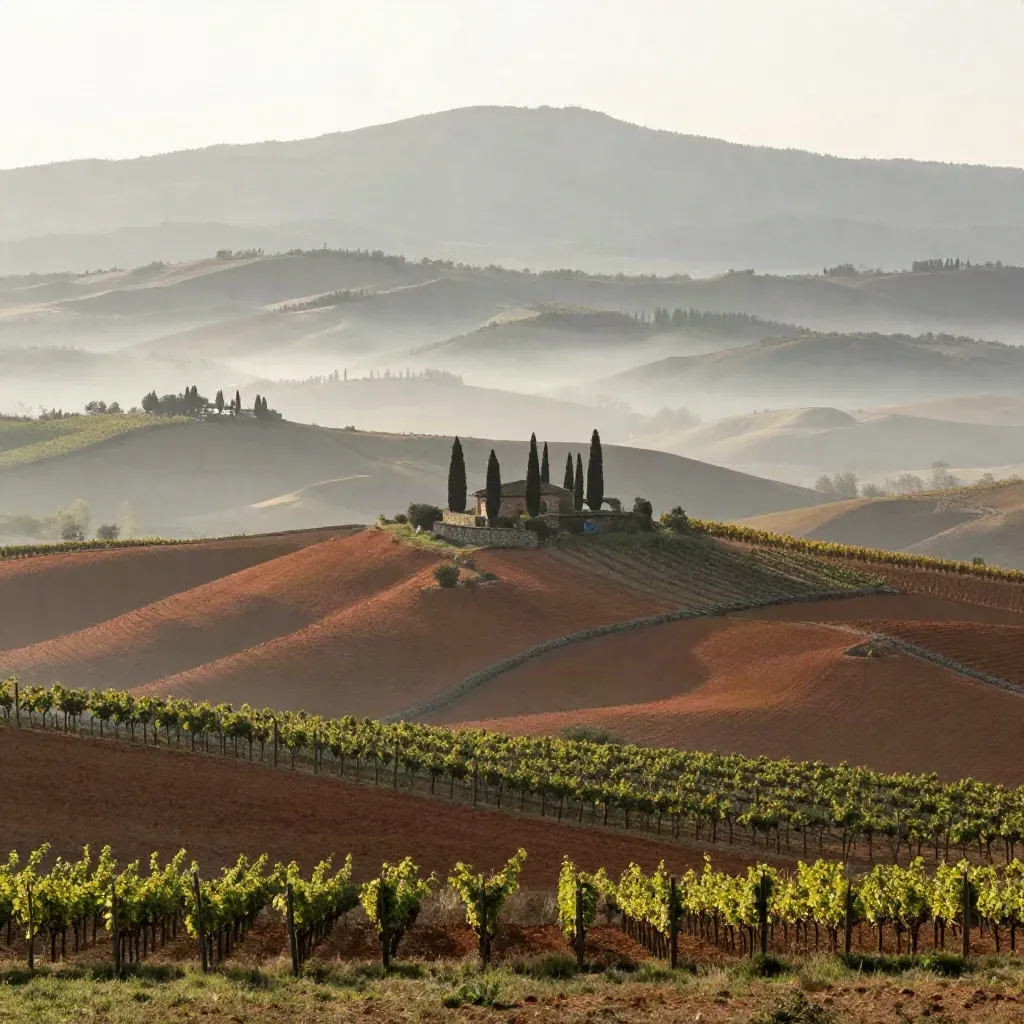 Colline vitate delle Langhe nella nebbia del mattino con Alpi sfumate sullo sfondo