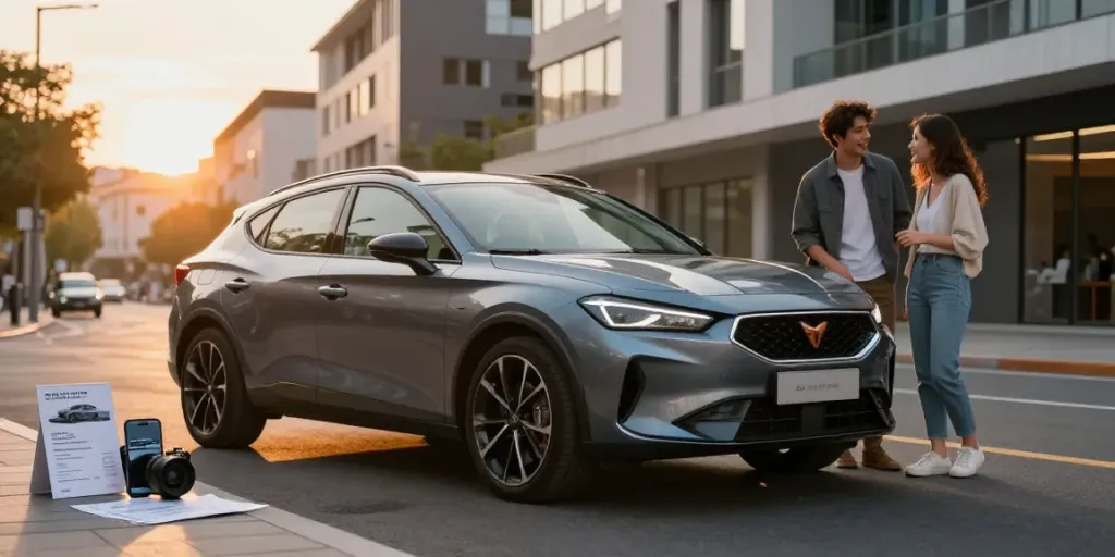 Noleggio lungo termine Cupra con auto in ambiente urbano al tramonto, coppia ammirando la vettura.