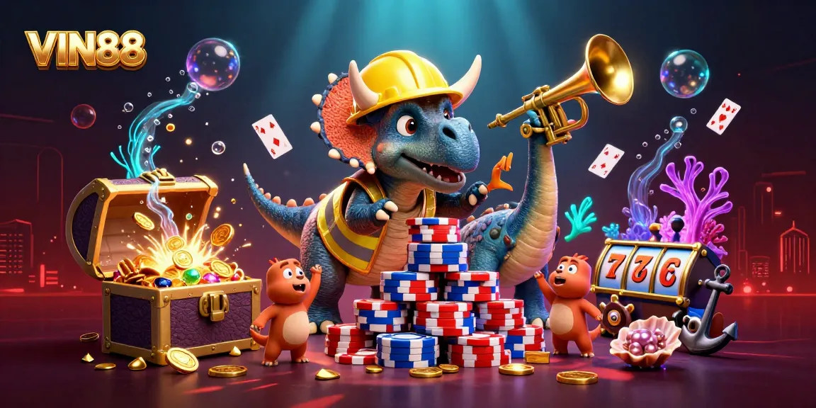 Engage with the vibrant world of VIN88, featuring a lively scene of animated dinosaurs celebrating a poker chip pyramids.