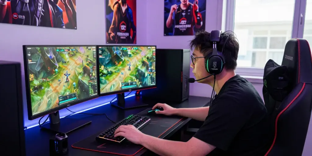 Gamer engaged intensely in rokok88 game setup with vibrant RGB lights and dual monitors displaying competitive gameplay.