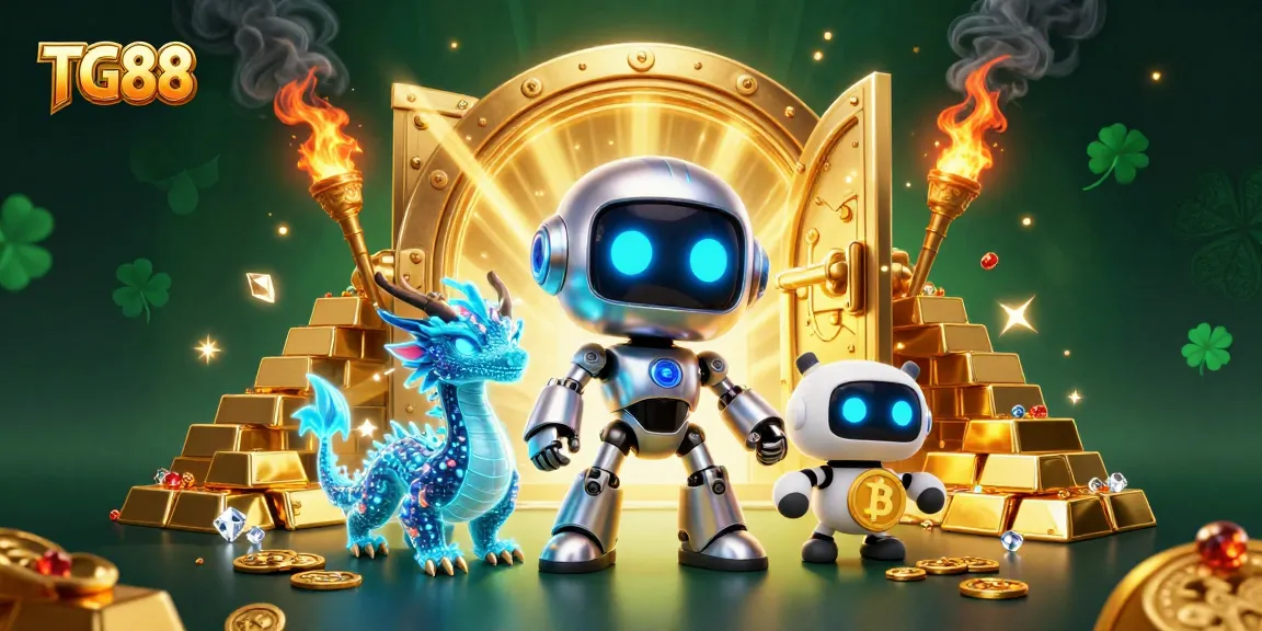 Win big at TG88 with a thrilling 3D illustration showcasing a futuristic robot, bitcoin symbols, and treasure vaults.