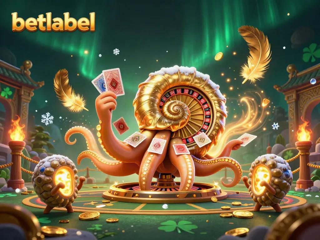 Engage in exciting bets with Betlabel while a giant nautilus holds cards amidst golden elements.