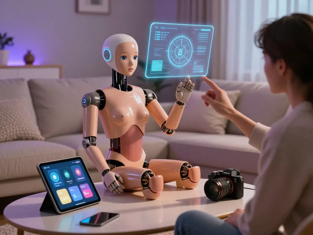 A humanoid sex bot interacting with a user in a cozy, futuristic setting showcasing advanced technology.