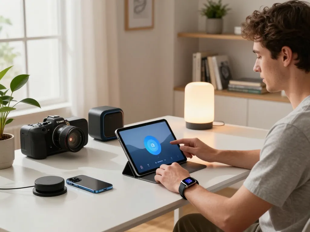 Engaged user interacting with smart tech gadgets like Fitbit Charge 6, showcasing modern home office tech lifestyle.