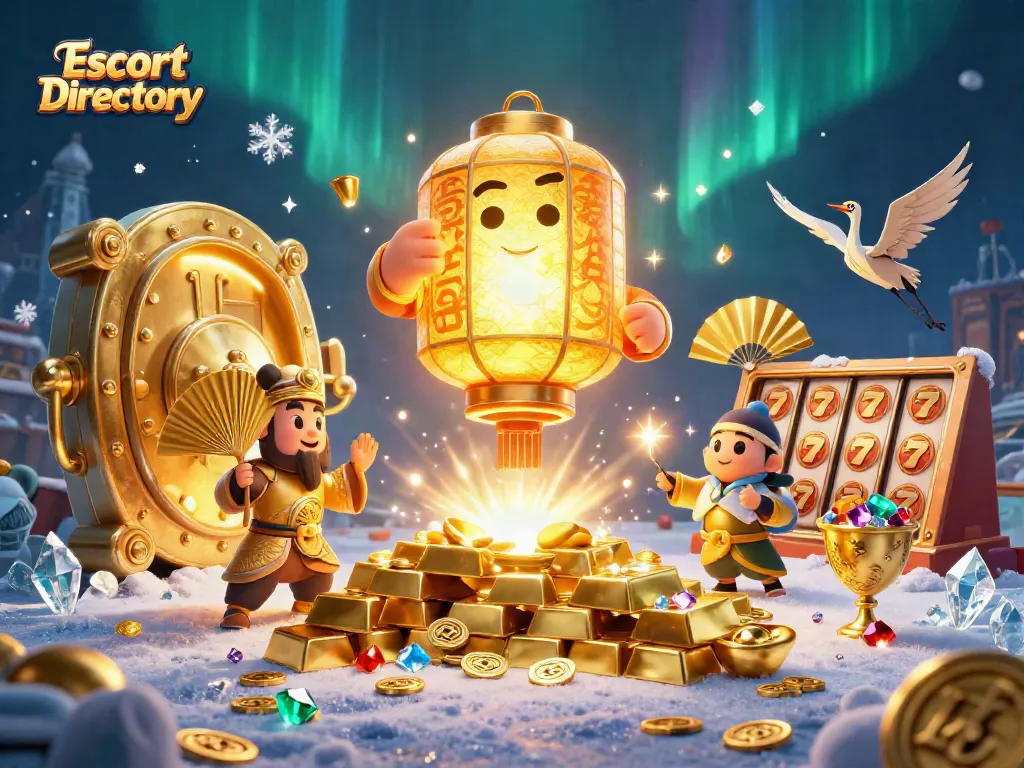 Experience the vibrant Escort Directory casino scene with slot reels and glowing treasures.